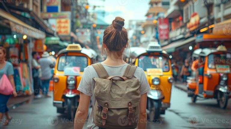 caucasian-female-tourist-exploring-a-bustling-thai-street-market-young-woman-with-backpack-in-urban-thailand-concept-of-tourism-travel-and-cultural-immersion-photo